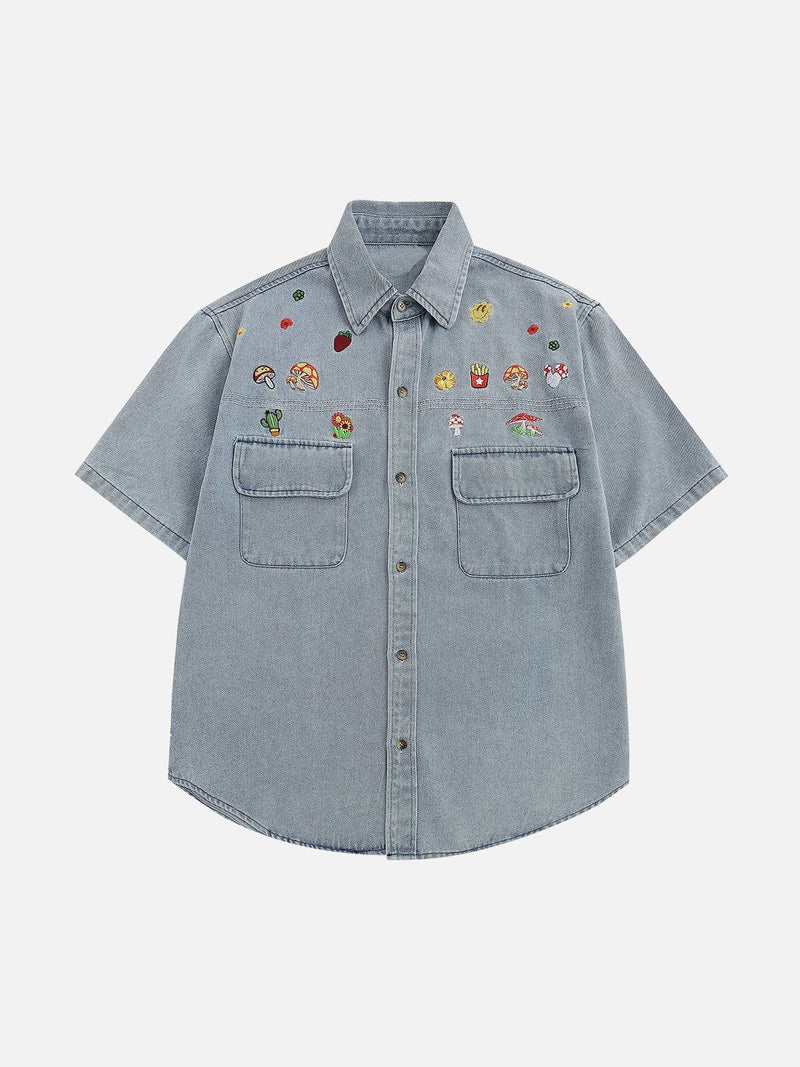 Wohnix - Cartoon Stickerei Denim Kurzarmhemden