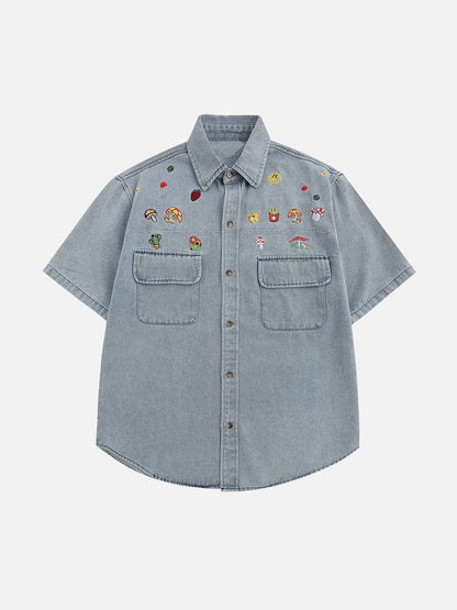 Wohnix - Cartoon Stickerei Denim Kurzarmhemden